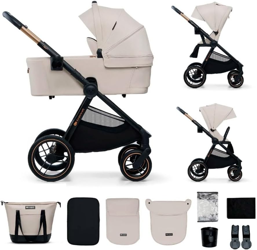 Kinderkraft NEA 2 silla de paseo - Desde nacimiento hasta 22 kg - 4 ruedas amortiguadas y plegado con una mano - Capota UPF 50 beige con cesta hasta 5 kg