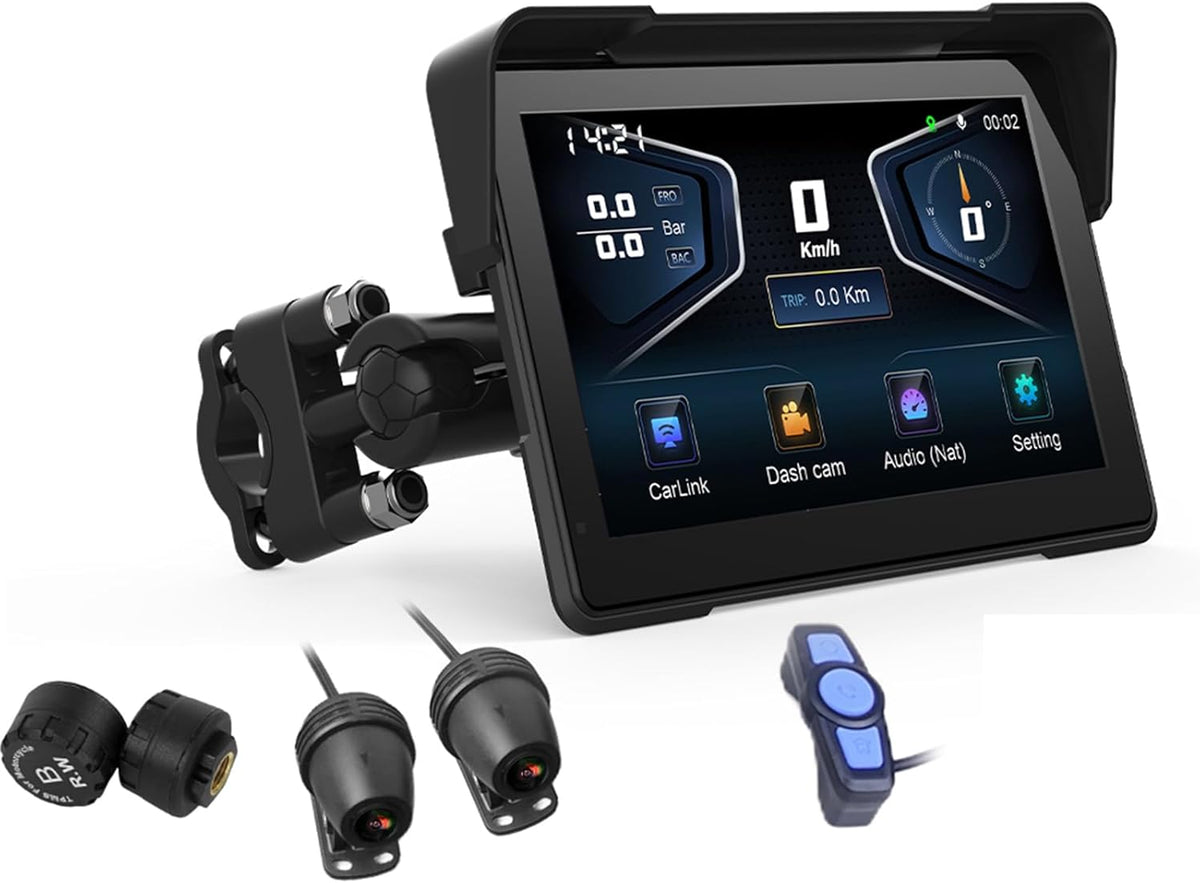 Pantalla moto 7 pulgadas IP67 - CarPlay Android Auto DVR TPMS - Bluetooth portátil sin tarjeta SD