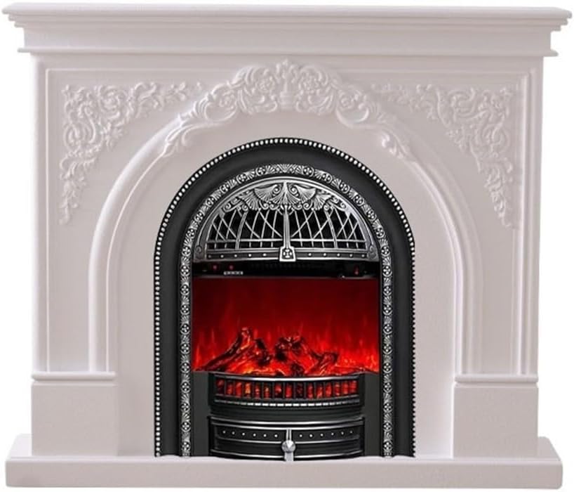 Chimenea eléctrica tradicional - Efecto de llama realista 3D - Núcleo calefactor con forma de jaula y repisa - Acabado plateado para instalación empotrada o de pared