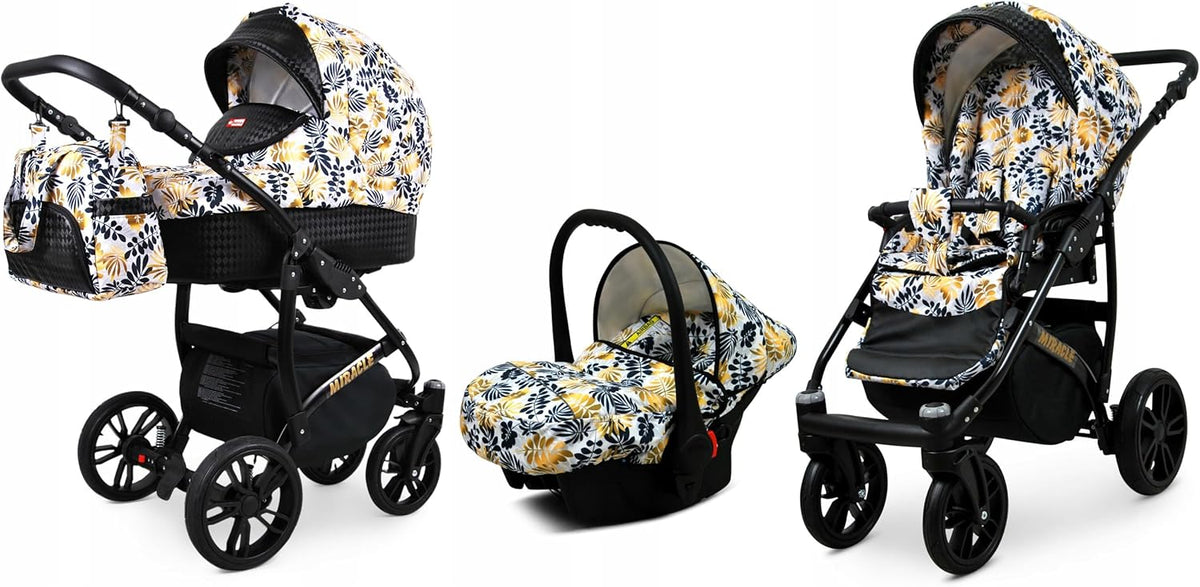 Carrito de bebé 3 en 1 - Aluminio y poliéster color Gold Leaf - Capazo silla de paseo y silla de coche - Con bolso lluvia y mosquitera hasta 15 kg