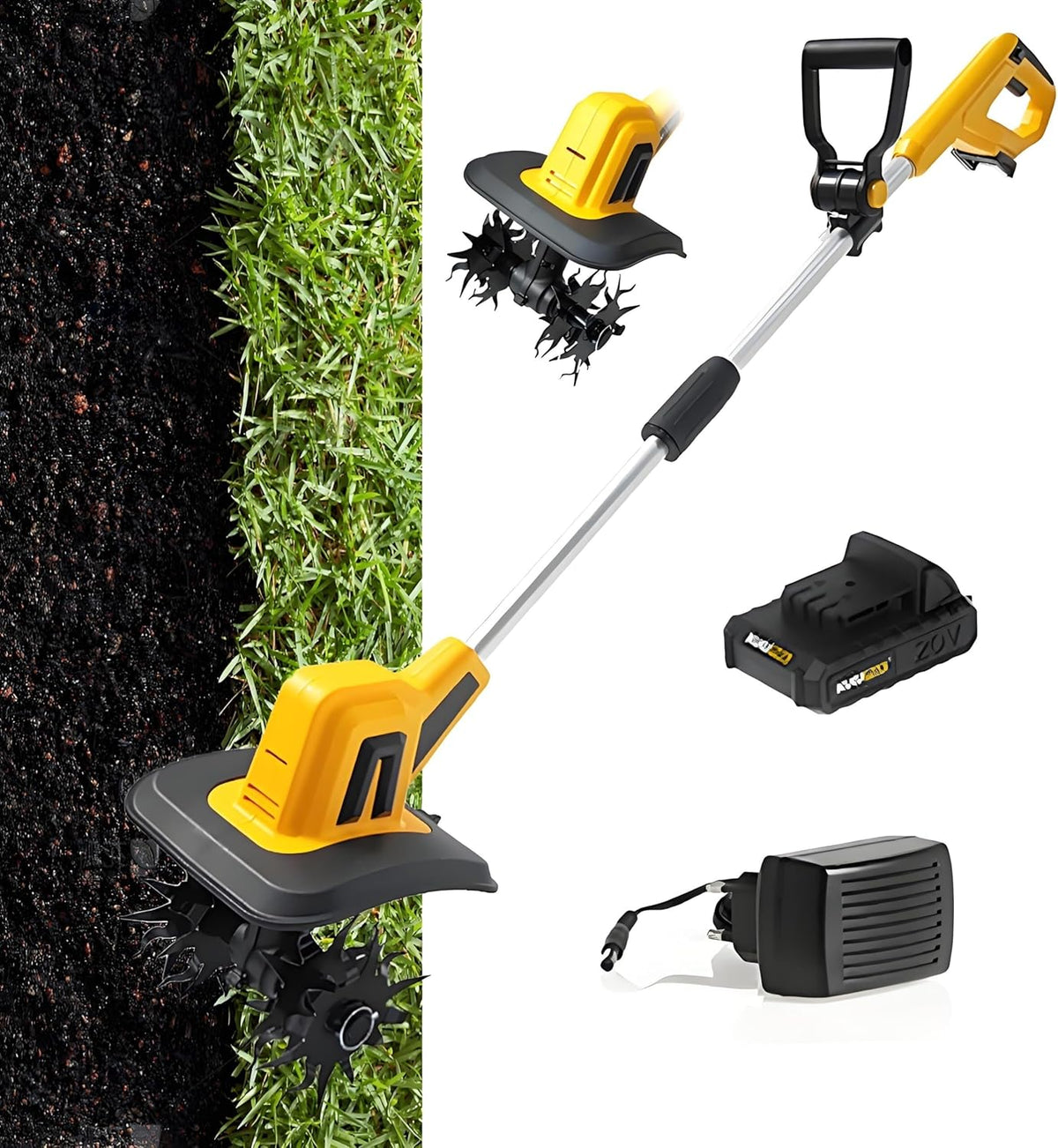 Cultivador inalámbrico 20 V 4 Ah - Ancho de labranza 25 cm y profundidad 22 cm - Cuchillas de acero al manganeso - Mango ajustable con batería y cargador