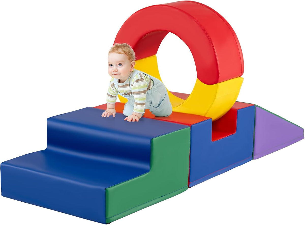 COSTWAY Juego de Bloques de Espuma 5 en 1 para Niños Juego de Escalada Interior con Túnel Tobogán y Módulos Psicomotores Juego Educativo Infantil - Bloques de Espuma Sensorial - Desarrollo Motor Infantil