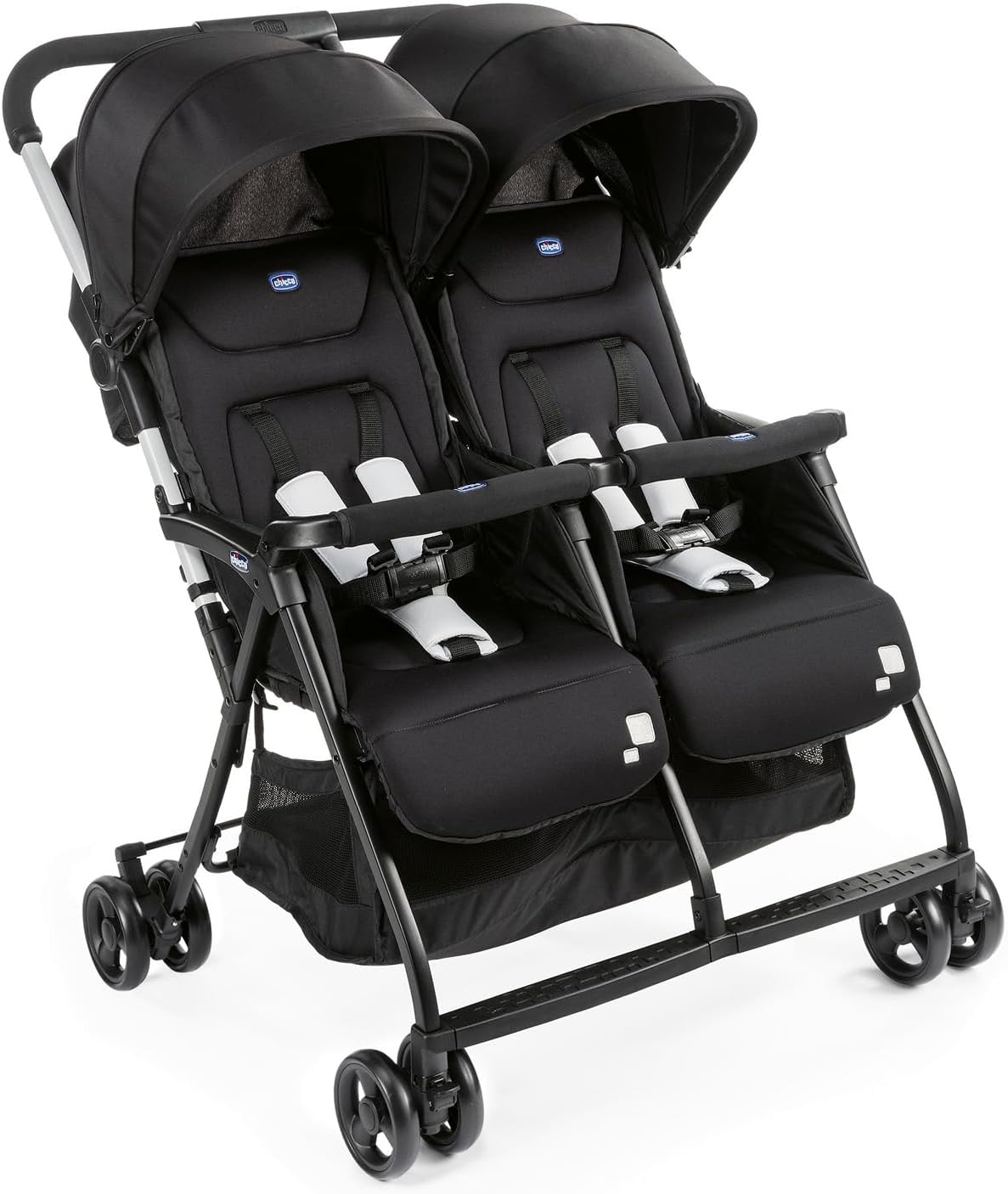 Chicco OHlalà Twin silla de paseo gemelar - Desde 0 meses hasta 15 kg - Doble asiento reclinable con arnés 5 puntos - Plegado compacto negro con cubierta de lluvia