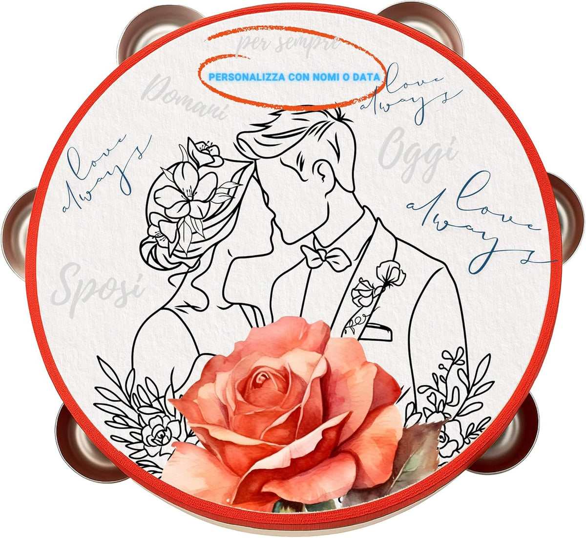 Pandereta Personalizada 18 cm Love Always Regalo para Bodas Eventos Decoración Musical Personalizable