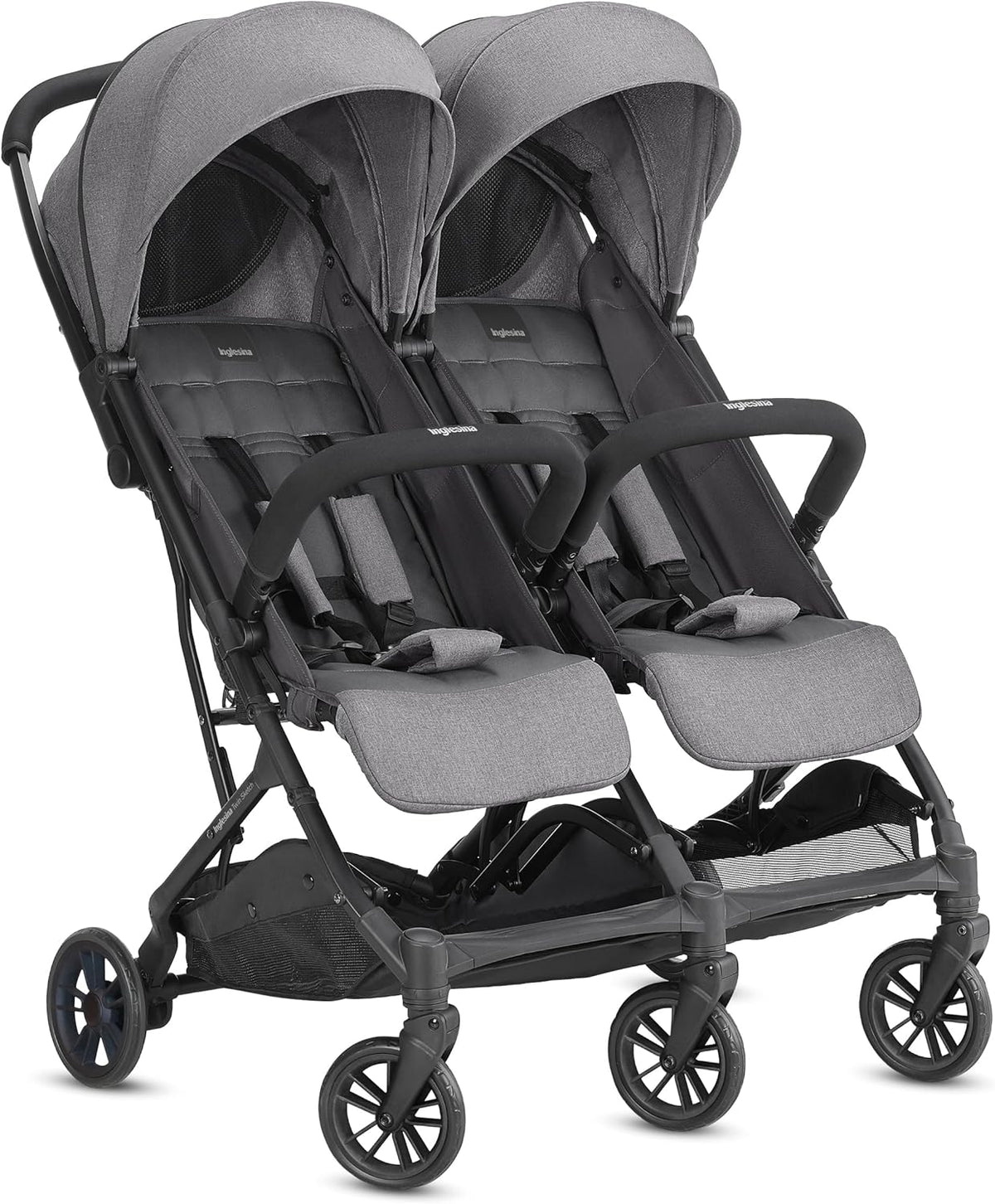 Cochecito doble para bebés - Estructura metálica color gris - Arnés de 5 puntos para gemelos o hermanos - Diseño ultraligero y compacto hasta 15 kg