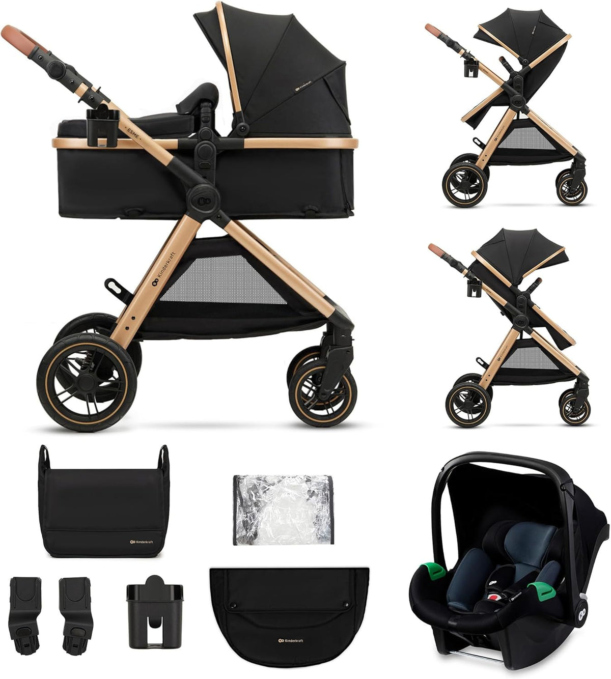 Kinderkraft ESME carrito bebé 3 en 1 - Desde recién nacido hasta 4 años y 22 kg - Portabebés Mink PRO I-Size - Sistema de viaje plegable negro con arnés 5 puntos