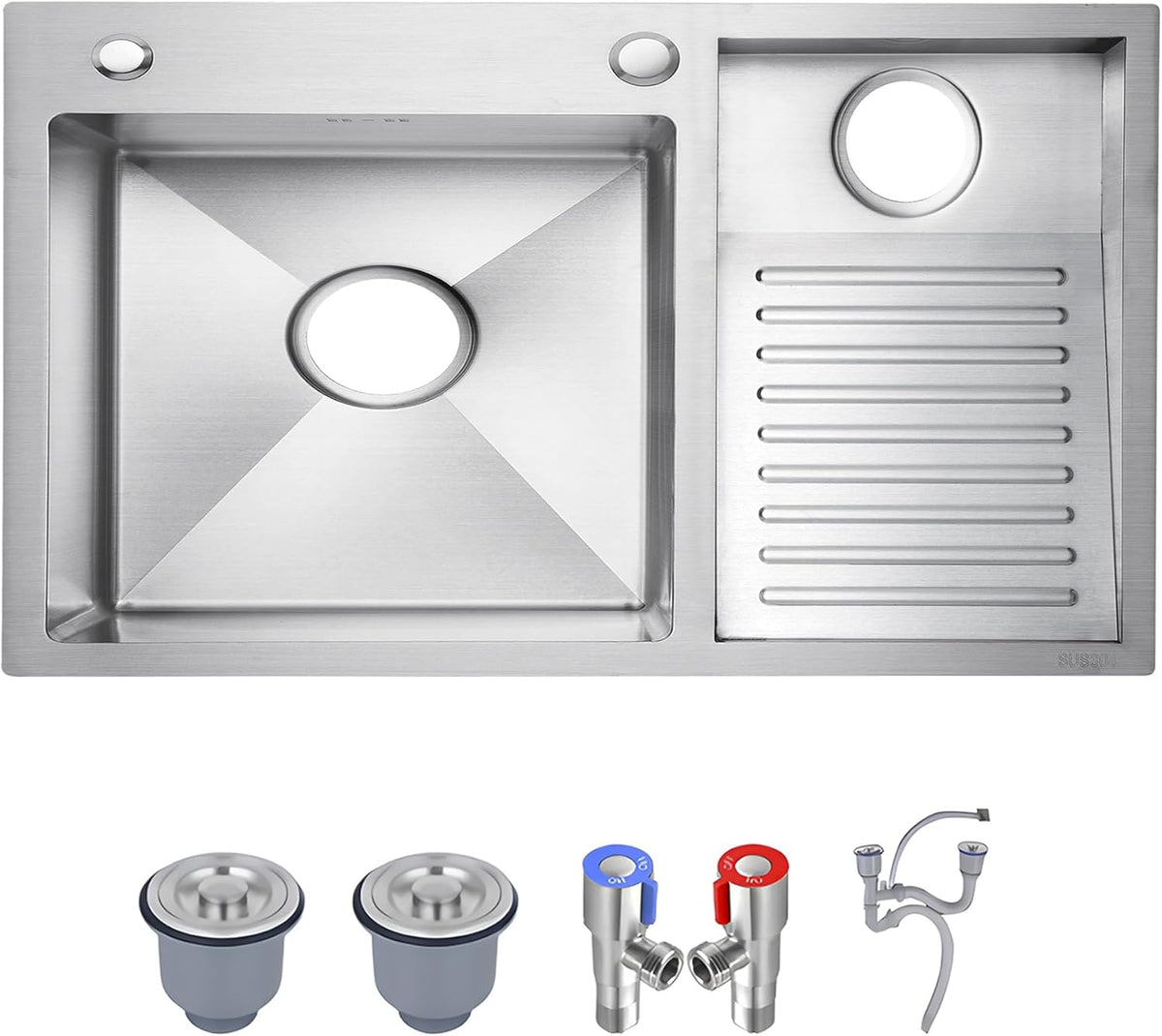 Lavadero empotrado SUS304 con tabla de lavar - Anchos de 60 a 100 cm y fondo 48 cm - Acero inoxidable cepillado de 4 mm - Orientación izquierda o derecha para hogar