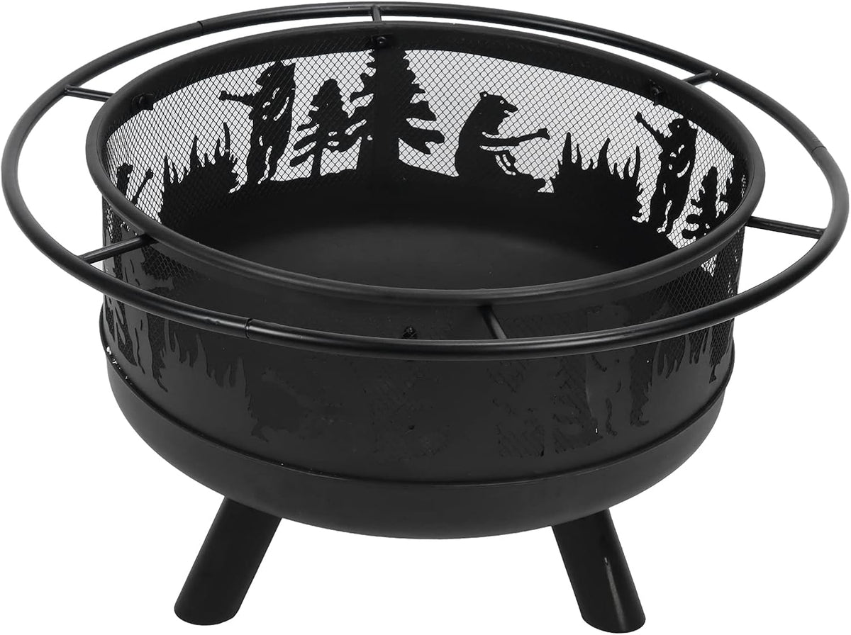Karlak pozo de fuego exterior 67 x 67 x 35 cm - Chimenea de leña con patrones de animales - Hierro forjado - Con cubierta y montaje sencillo para patio y jardín