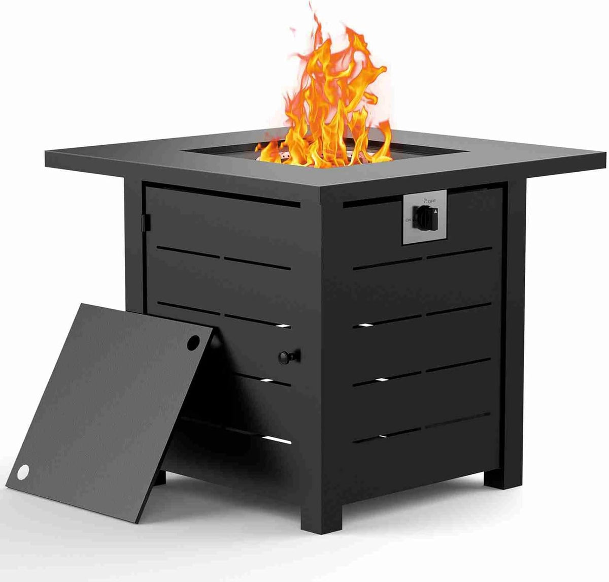 Mesa de fuego a gas - Formato negro de 77 x 77 x 26 cm para exterior - Calefacción rápida para reuniones - Diseño cuadrado para jardín patio y terraza