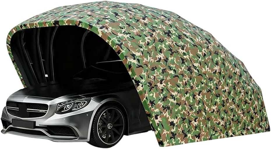Toldo retráctil resistente para coche - Refugio plegable portátil de acero inoxidable - Diseño camuflaje para uso exterior - Cochera móvil para protección de vehículos
