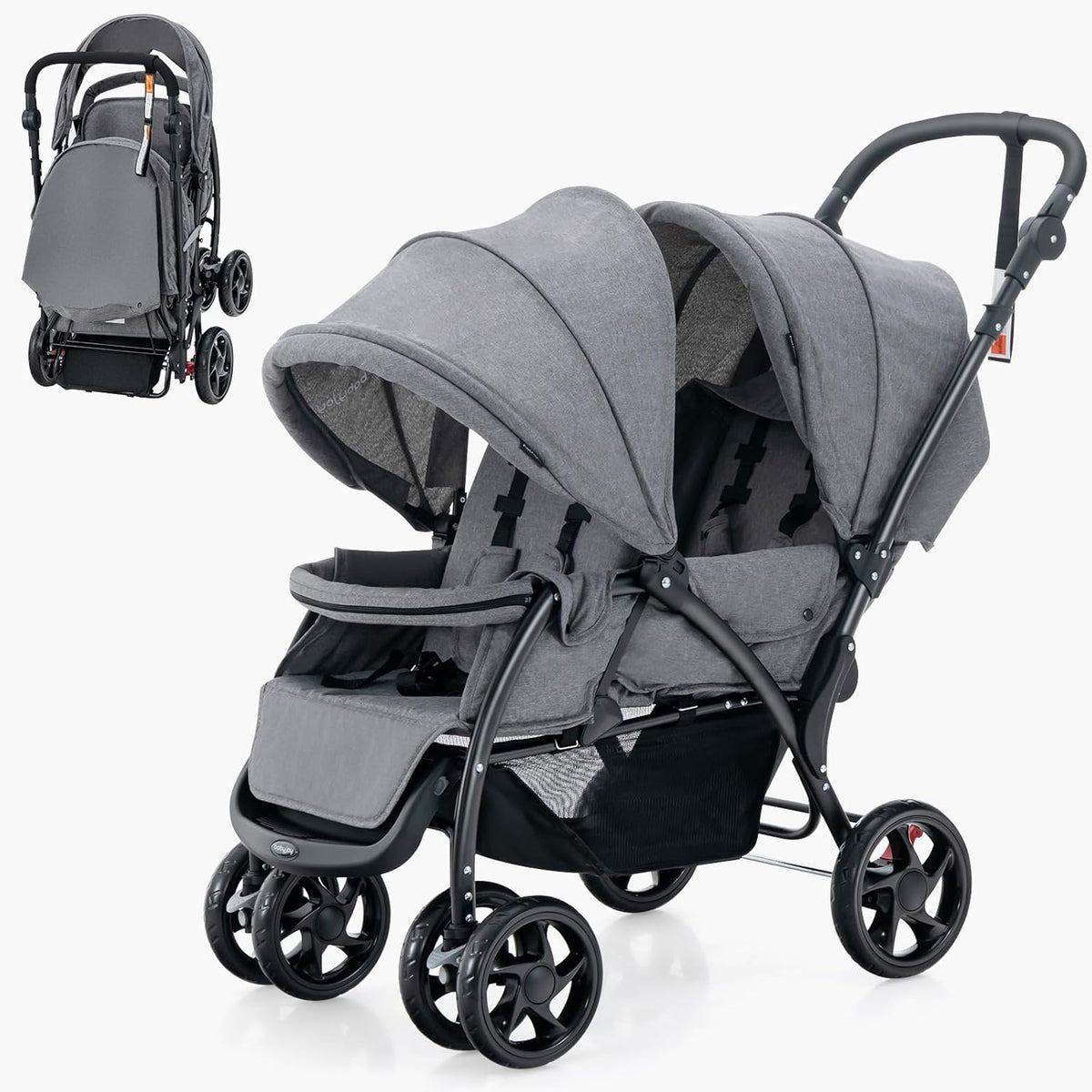 Cochecito gemelar plegable - Metal EVA tejido Oxford y nailon color gris - Dos plazas con ajuste de 3 posiciones - Arnés de 5 puntos hasta 15 kg por asiento