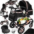KESSER Loops cochecito bebé 3 en 1 - Hasta 20 kg con asiento deportivo y bañera - Marco de aluminio y ruedas de caucho macizo - Negro oro rosado con bolso cambiador