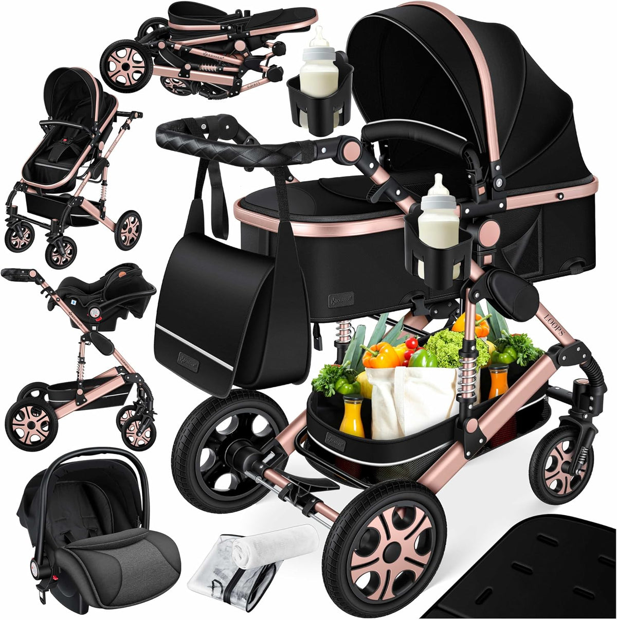 KESSER Loops cochecito bebé 3 en 1 - Hasta 20 kg con asiento deportivo y bañera - Marco de aluminio y ruedas de caucho macizo - Negro oro rosado con bolso cambiador