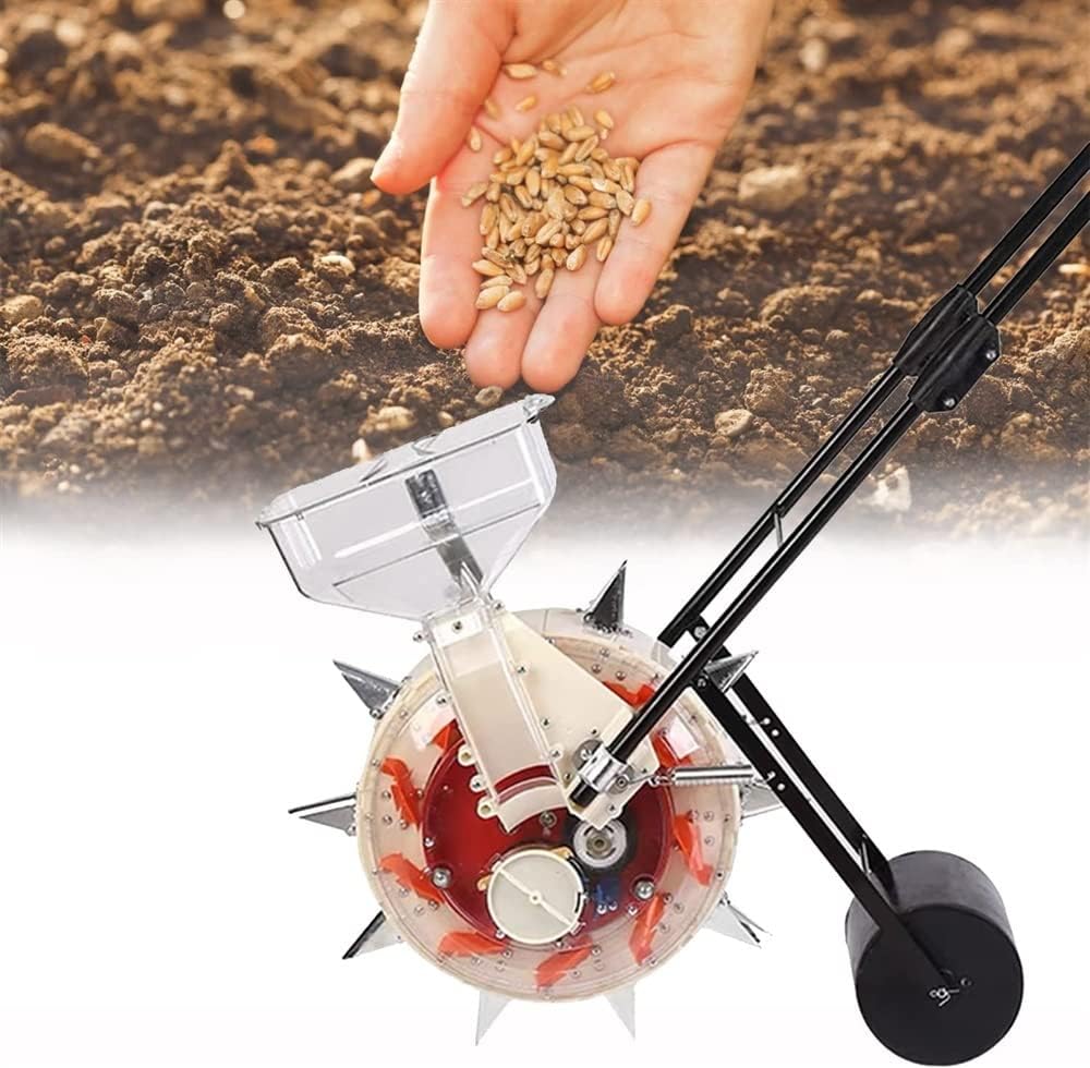 Sembradora manual de jardín - 5 ruedas dosificadoras para diferentes tamaños de semilla - Boca de hierro y rueda de cobertura - Para maíz soja algodón cacahuete y huerto