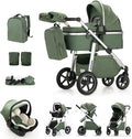Cochecito de bebé 3 en 1 - Chasis de aluminio y algodón color verde - Asa regulable y arnés de 5 puntos - Sistema de viaje plegable hasta 22 kg