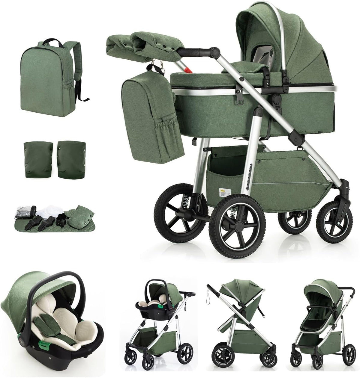 Cochecito de bebé 3 en 1 - Chasis de aluminio y algodón color verde - Asa regulable y arnés de 5 puntos - Sistema de viaje plegable hasta 22 kg