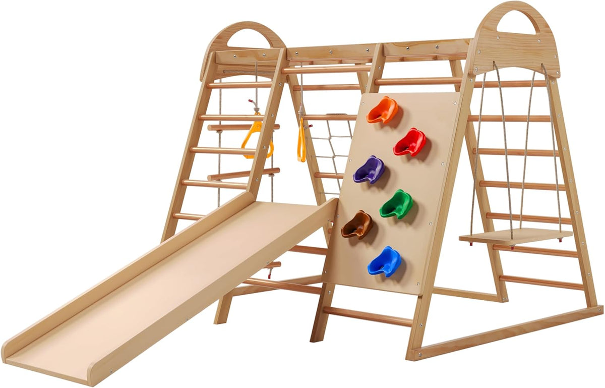 Estructura de Escalada Infantil de Madera para Interior con Tobogán Columpio Red de Escalada Anillos y Escalera Sueca Parque de Juegos Completo para Niños