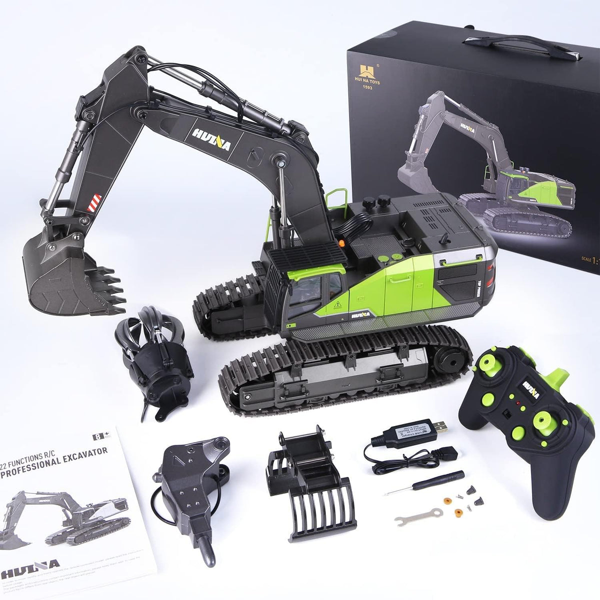 Excavadora RC grande escala 1 a 14 amarilla - acero aleado 22 canales - 2 baterías y 3 accesorios
