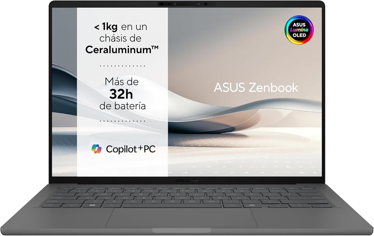 ASUS Zenbook A14 OLED UX3407QA Copilot PC 14 Pulgadas WUXGA Snapdragon X1 16GB RAM 1TB SSD Windows 11 Home Gris Islandes Laptop Ultraligero - Ordenador Portatil Inteligente - Equipo de Productividad Avanzada