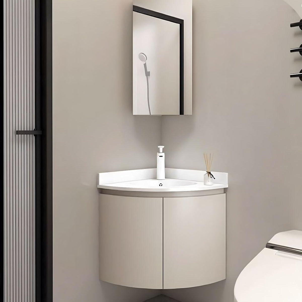 Mueble de baño esquinero con lavabo - Diseño mural compacto con almacenamiento - Espejo iluminado incluido - Tocador moderno para baños pequeños y aseos