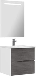Mueble de baño suspendido con lavabo 70 cm - Acabado ceniza - Dos cajones y espejo incluidos - Conjunto montado con lavabo cerámico
