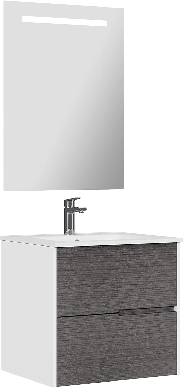 Mueble de baño suspendido con lavabo 70 cm - Acabado ceniza - Dos cajones y espejo incluidos - Conjunto montado con lavabo cerámico