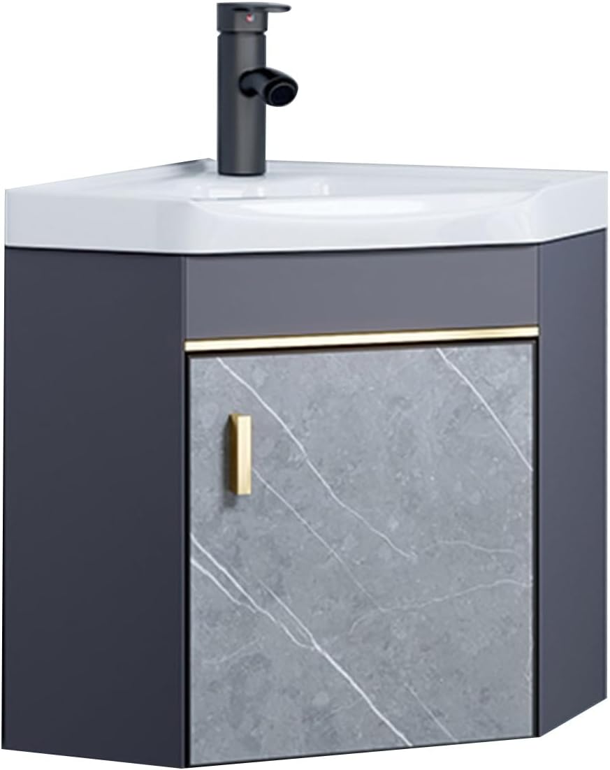 Tocador esquinero 43 cm con lavabo - Cerámica y armario resistente a humedad - Grifo y desagüe incluidos - Diseño mural compacto con almacenamiento para baño