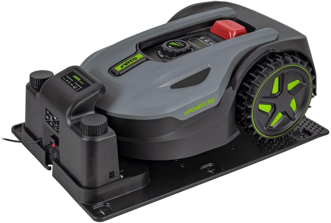 VITO robot cortacésped 20 V 2 Ah - Para césped hasta 300 m2 - Cable periférico y estación de carga - Funcionamiento automático gris con altura hasta 60 mm