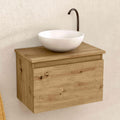 Mueble de baño suspendido con lavabo redondo 49,5 x 32 x 30 cm - Acabado roble - Un cajón y lavabo cerámico - Diseño compacto para baño