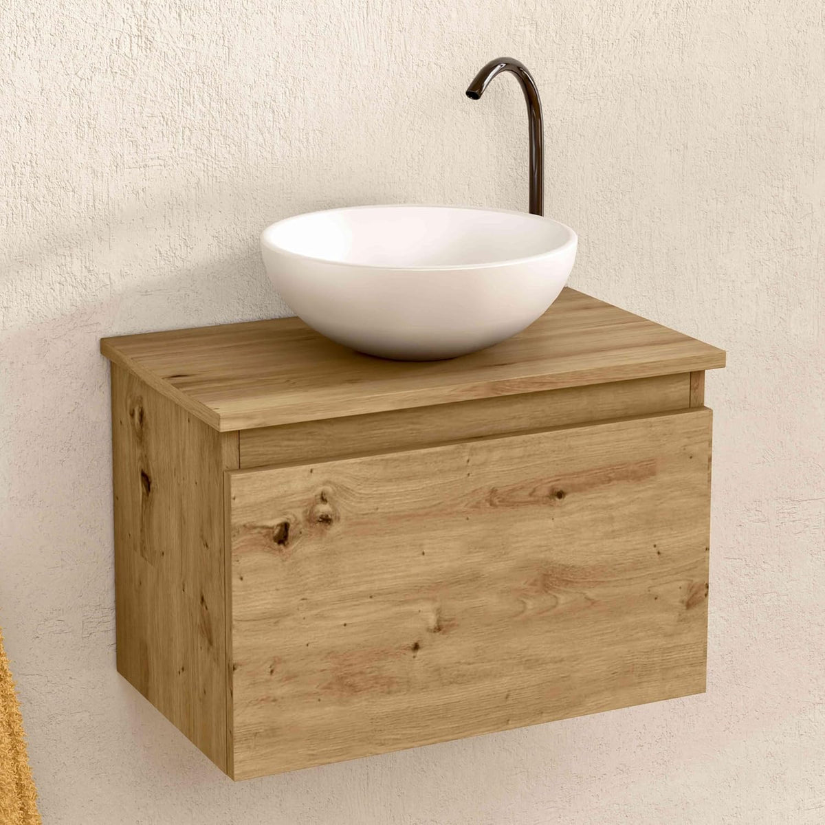 Mueble de baño suspendido con lavabo redondo 49,5 x 32 x 30 cm - Acabado roble - Un cajón y lavabo cerámico - Diseño compacto para baño