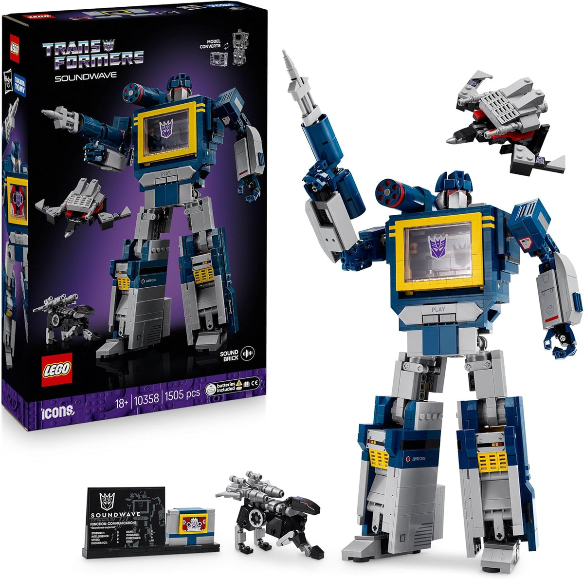 LEGO Icons Transformers Soundwave maqueta adulto 1505 piezas figuras convertibles Laserbeak Ravage sonido decoracion coleccion regalo 10358