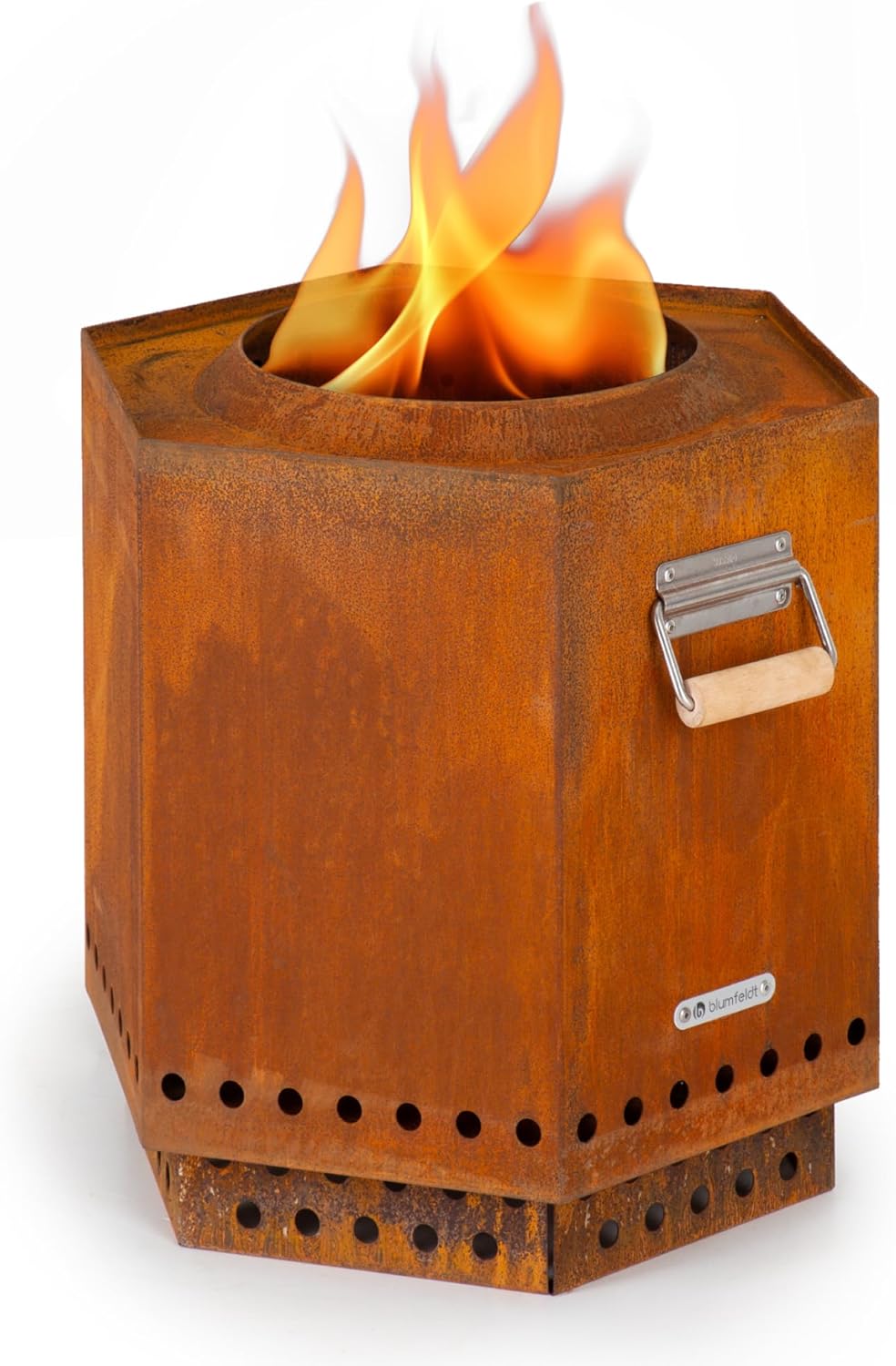 Blumfeldt Mojanda cuenco de fuego exterior 50 x 50 x 45 cm - Acero inoxidable con asas de madera - Vista 360 grados - Hoguera móvil cobre con cubierta para lluvia