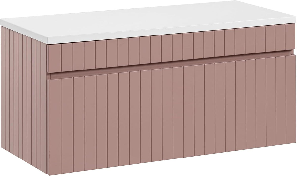 Mueble de lavabo colgante 80 x 46 x 46 cm - MDF laminado rosa mate - Encimera y lavabo incluidos con fresado vertical - Diseño moderno para baño
