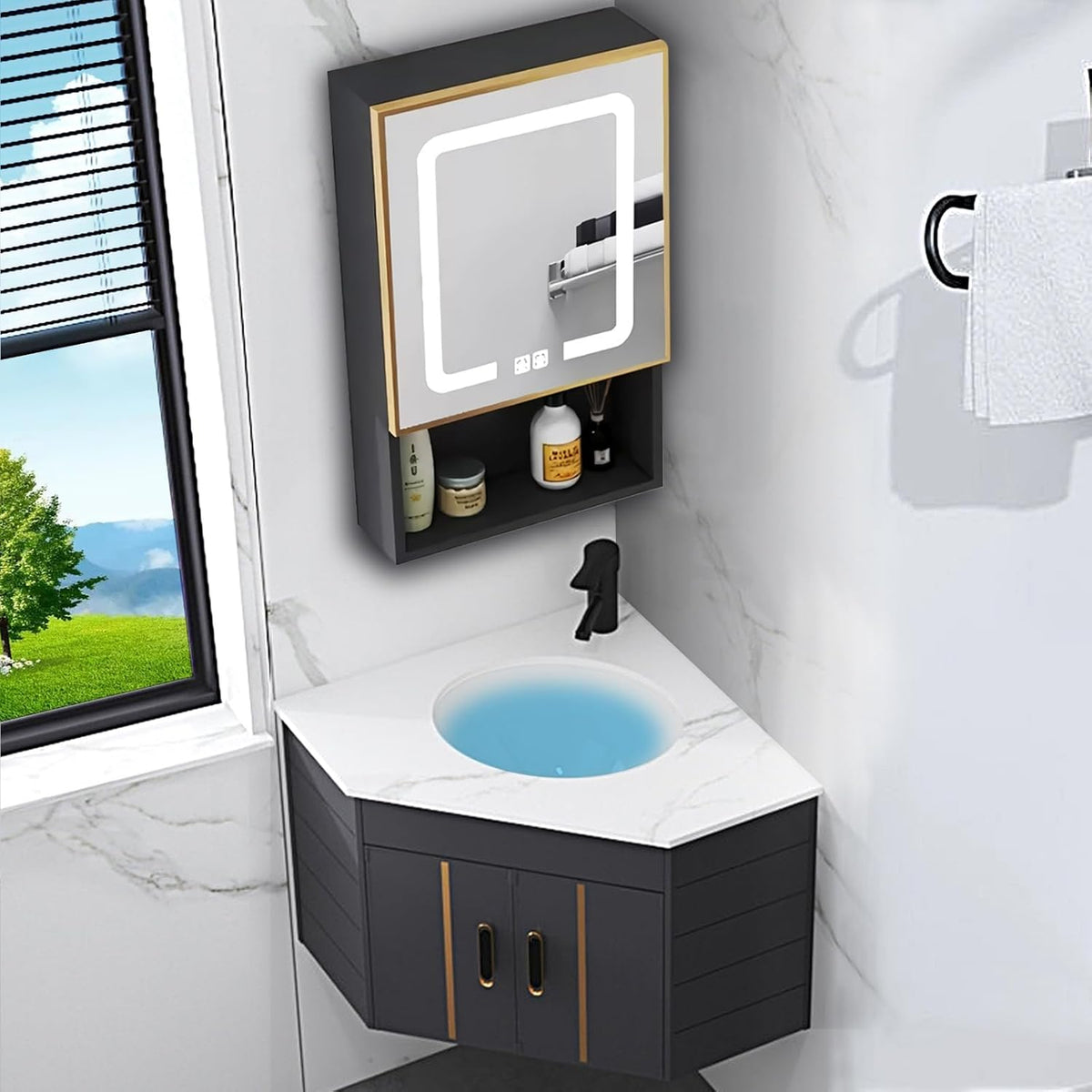 Mueble de baño esquinero con lavabo - Aluminio con recubrimiento y cerámica - Espejo LED antivaho con almacenamiento - Conjunto suspendido para espacios pequeños
