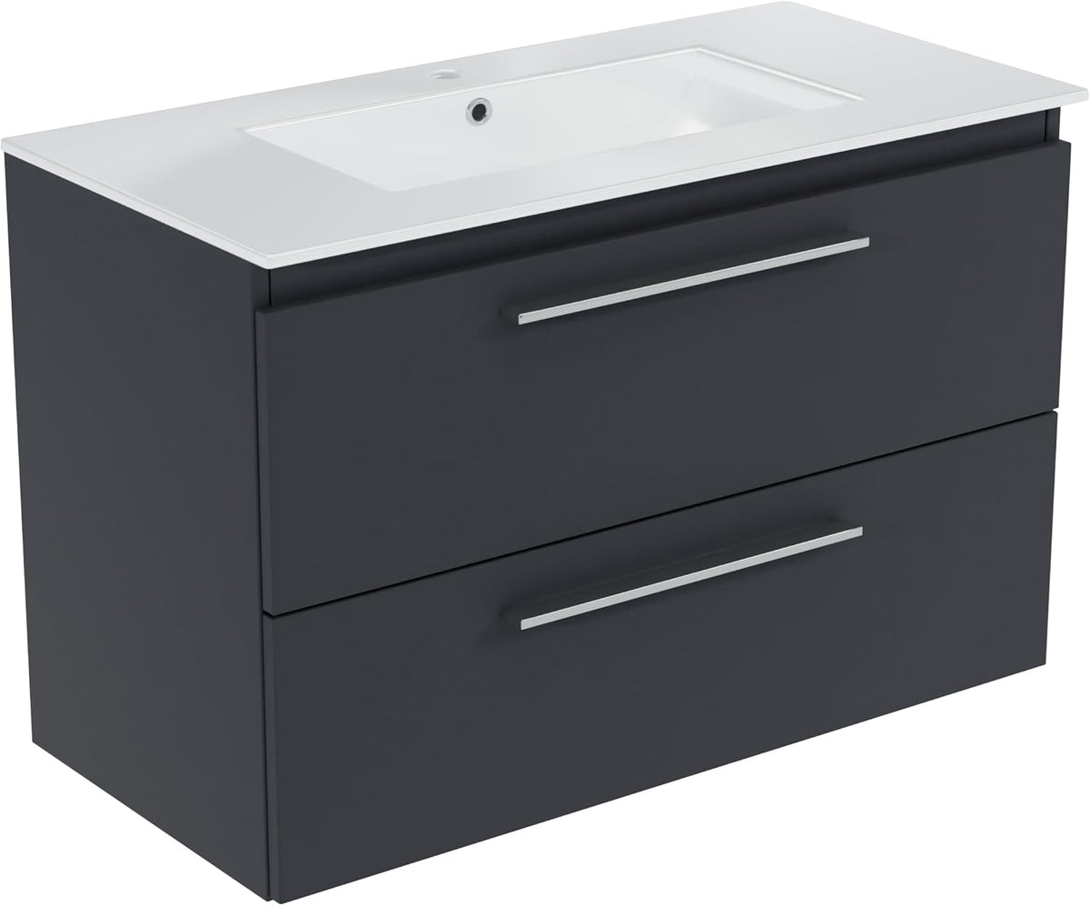 Mueble de baño con lavabo 80 cm - Lavabo cerámico y acabado grafito - 2 cajones con cierre silencioso - Suspendido 80 x 40 x 53,5 cm para artículos de tocador