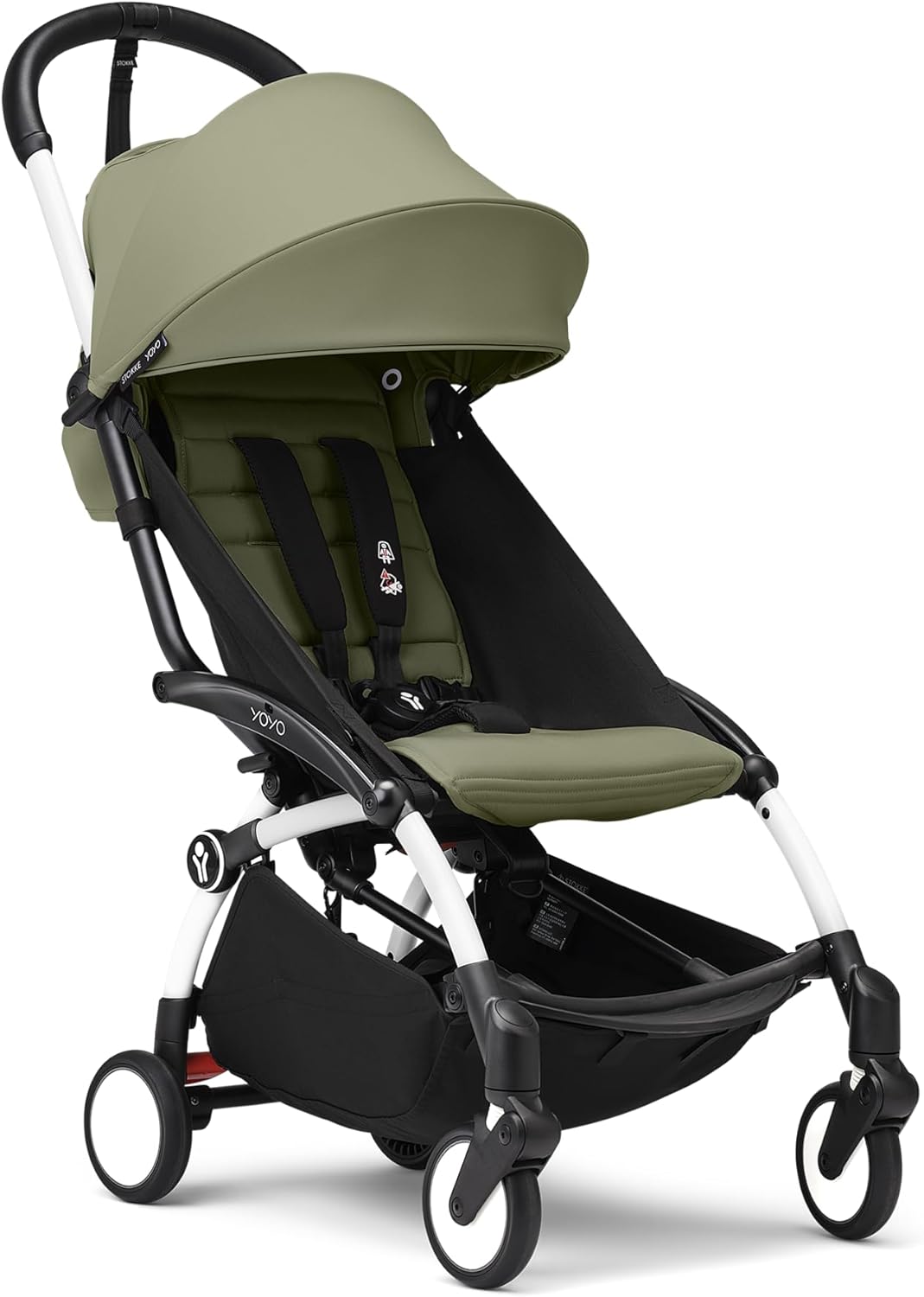 Cochecito compacto de viaje - Aluminio con chasis blanco y asiento Olive - Arnés de 5 puntos y dosel incluido - Plegado rápido hasta 22 kg