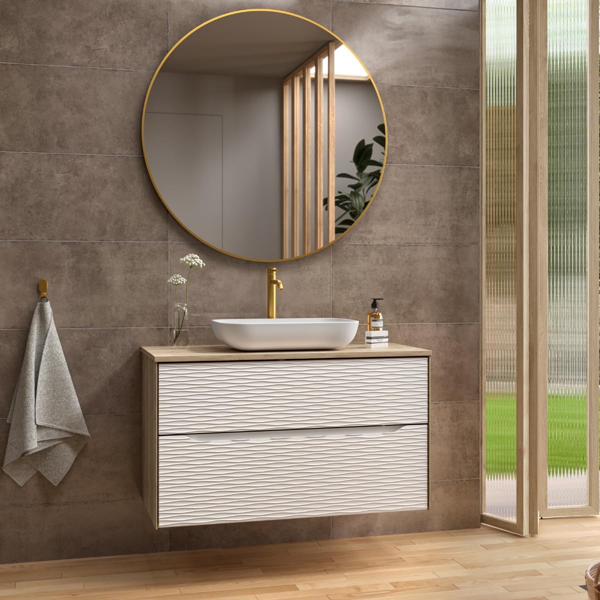 Mueble de baño suspendido 80 cm - Acabado roble natural y blanco - Dos cajones con cierre amortiguado y organizador - Lavabo sobre encimera de estilo moderno