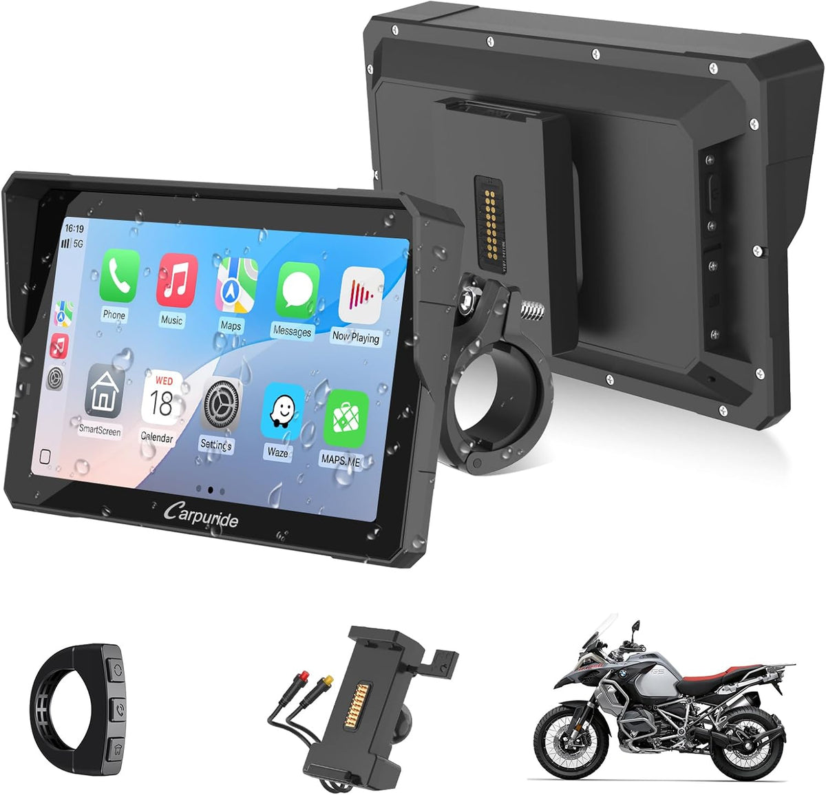 CARPURIDE W702S Pro Pantalla Carplay Moto 7 Pulgadas Impermeable Tactil Inalámbrico Android Auto Bluetooth GPS BM05 Brújula Control Moto Display - Pantalla Carplay Moto Profesional - Navegacion Inteligente y Conectividad para Motocicleta
