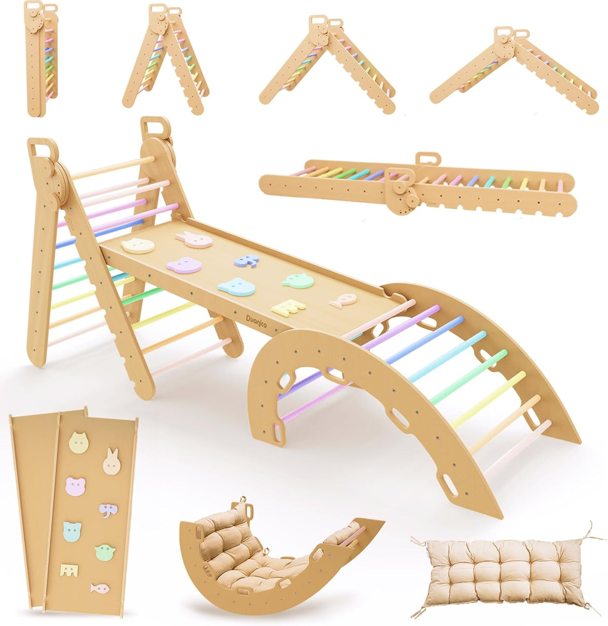 Triángulo Pikler Montessori 9 en 1 grande - madera sin pintar 2,27 x 0,56 x 1,04 m - 1 a 7 años 80 kg