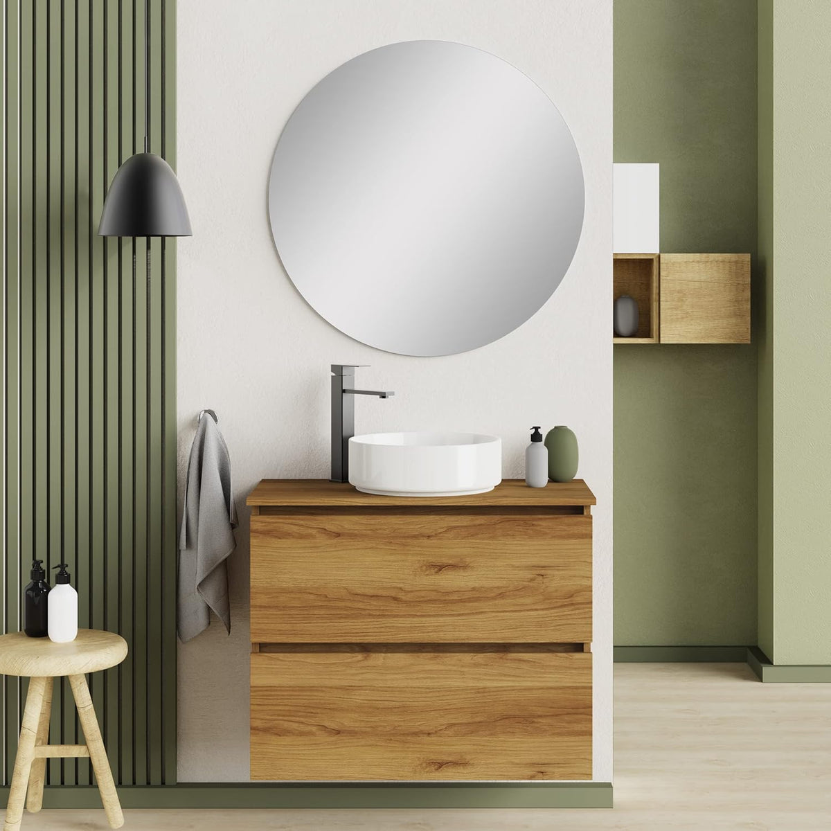 Mueble de baño suspendido con lavabo 70 cm - Acabado roble Vinda - Fondo reducido de 39 o 46 cm - Conjunto montado con lavabo cerámico