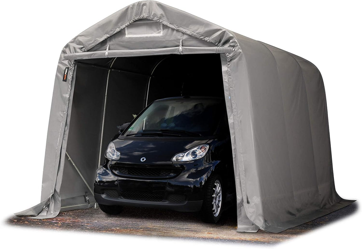 Garaje portátil compacto de 2,4 x 3,6 m - Lona de PVC gris y postes de acero - Estructura impermeable con protección UV - Cobertizo de almacenamiento de 2,4 m de altura