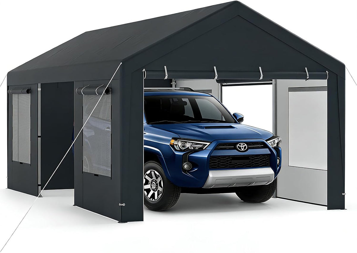 SOARS cochera exterior 3,05 x 5,86 x 2,8 m - Marco metálico con cubierta de polietileno PE - Garaje impermeable gris - Para coche bicicleta moto herramientas y fiestas