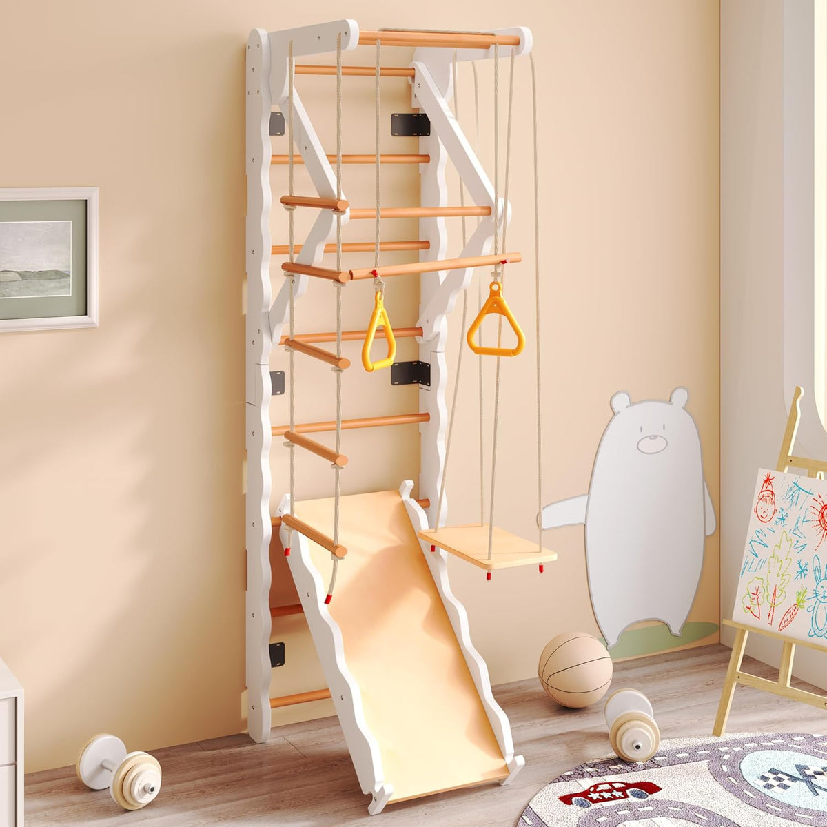 Estructura de escalada interior infantil madera haya 6 en 1 con tobogan y columpio parque juego niños 199 cm certificacion seguridad - centro de actividades educativo - juego motriz