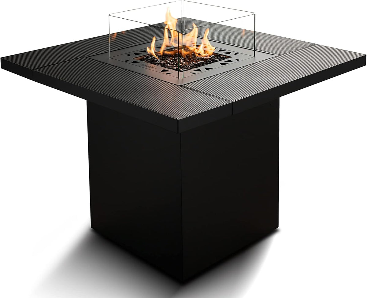 Planika Square Table mesa de fuego a gas - Chimenea exterior y mesa de jardín en uno - Compartimento interior para bombona - Metal resistente a la intemperie con funda