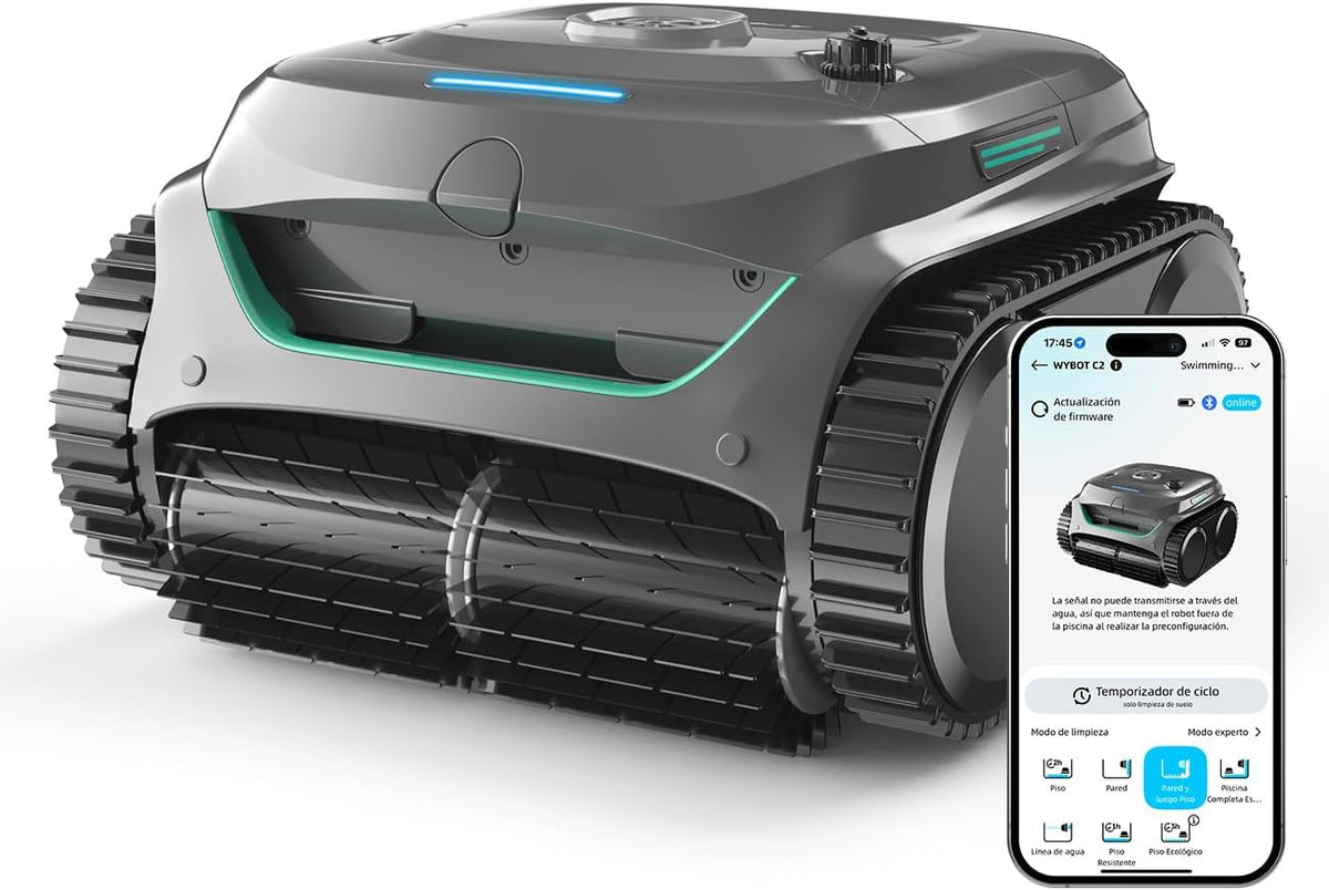 WYBOT C2 robot limpiafondos piscina - Hasta 150 m2 y autonomía 180 min - Doble filtración con 3 motores y succión potente - App para paredes suelo y línea de agua