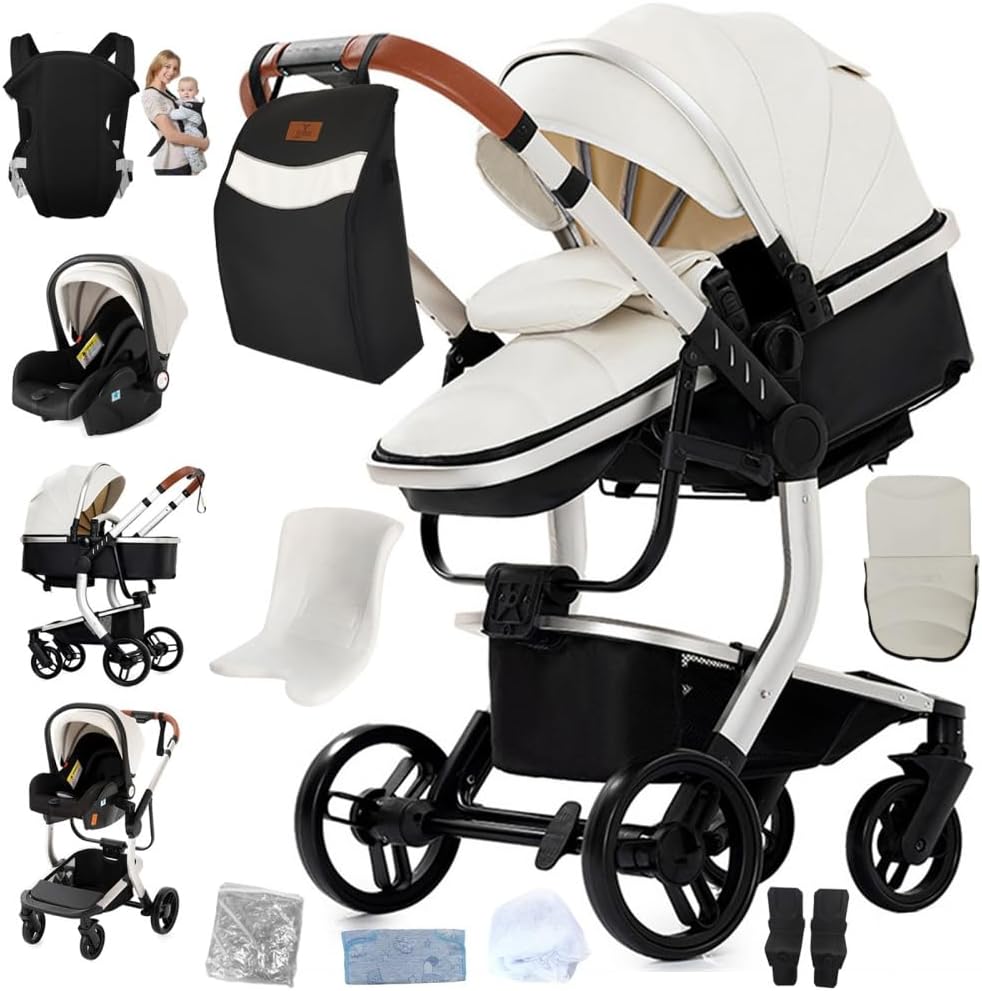 Cochecito bebé 3 en 1 blanco - Desde nacimiento hasta 4 años y 30 kg - Asiento convertible y arnés 5 puntos - Plegable reclinable con portabebés y bolso