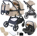 Cochecito de bebé 3 en 1 - Marco de hierro color beige - Capazo silla reversible y silla de coche i Size - Plegado compacto hasta 22 kg
