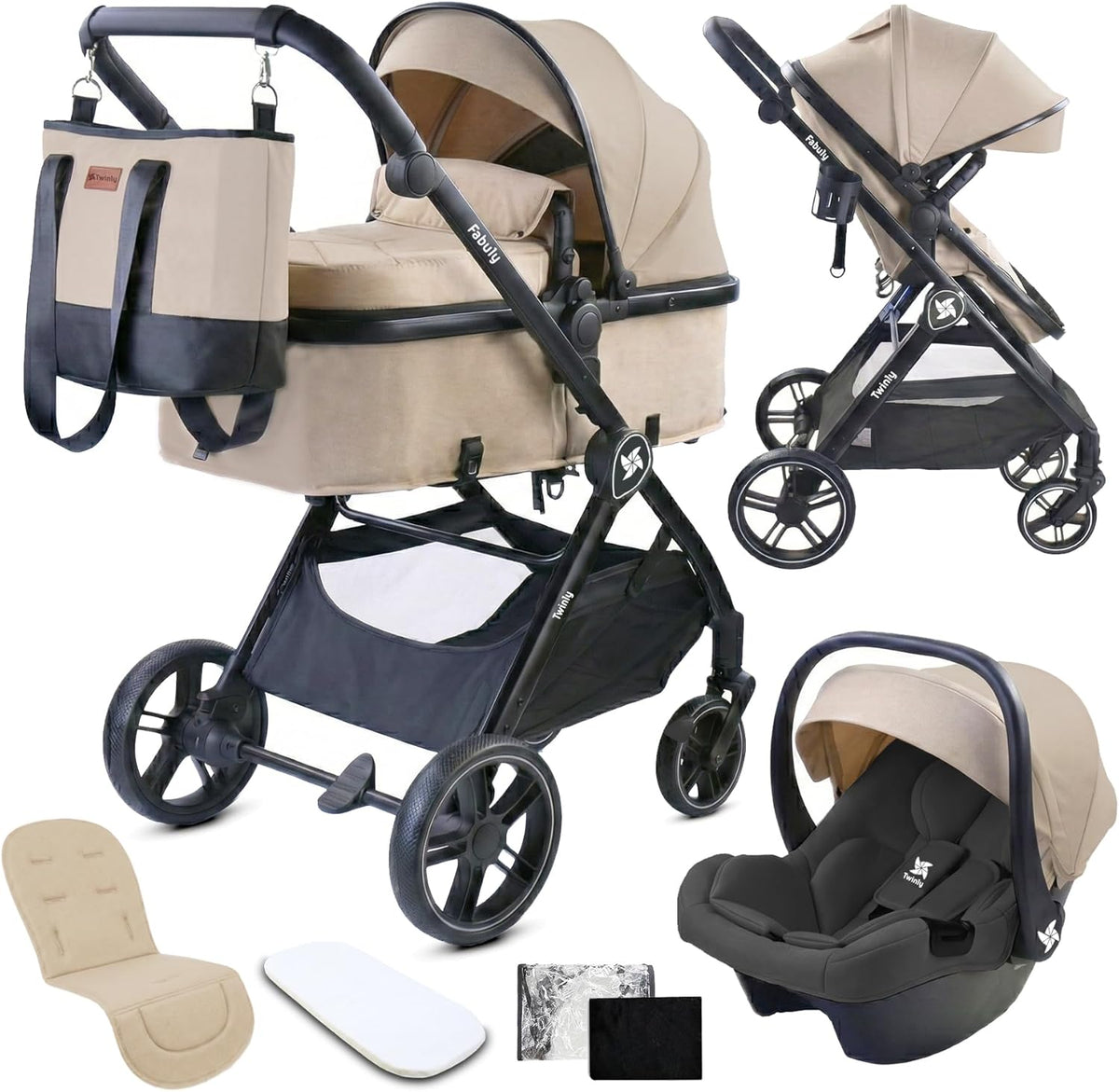 Cochecito de bebé 3 en 1 - Marco de hierro color beige - Capazo silla reversible y silla de coche i Size - Plegado compacto hasta 22 kg