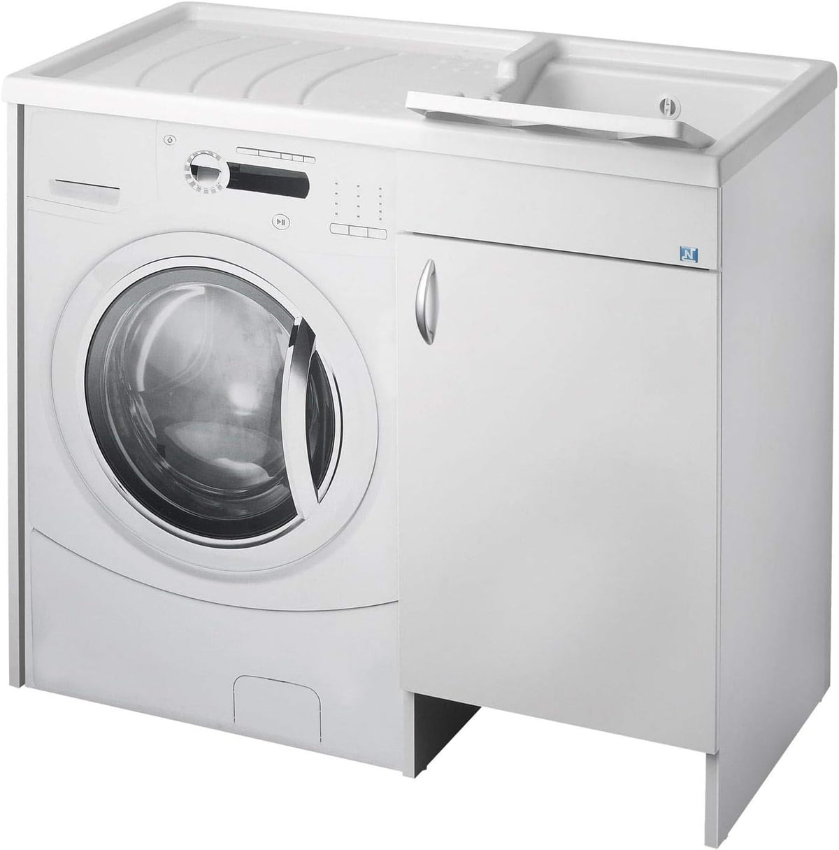 Mueble protector para lavadora 109 cm - Polipropileno blanco impermeable - Medidas 109 x 60 x 92 cm - Estructura de suelo para almacenamiento y organización de baño