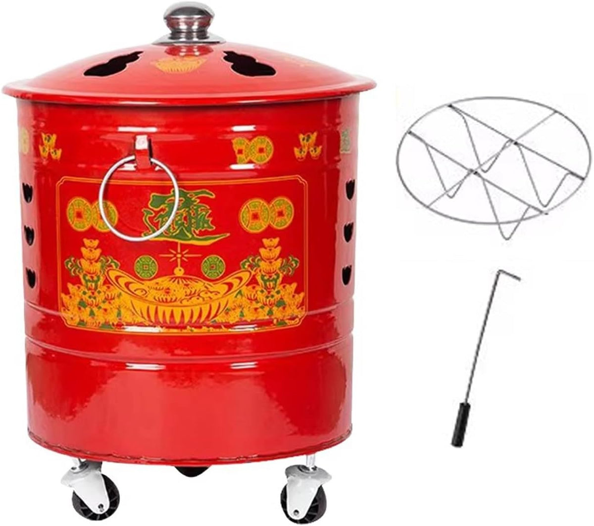 Incinerador con ruedas para jardín - Metal resistente con rejilla y gancho para fuego - Cubierta contra chispas y ventilación - Para papel y residuos vegetales